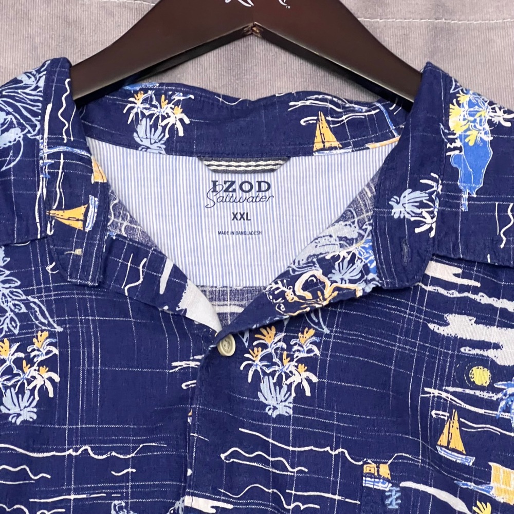 IZOD Saltwater Tropical Button Down Mens XXL‎ Navy Blue Excellent Short Sleeve